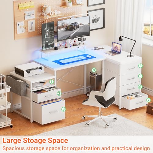 Unikito 70.8\" Reversible L Shaped Computer Desk with Fabric File Drawers, Corner Desk with RGB LED Light & Power Outlets & Monitor Stand, Large Gaming Desk for Home Office Workstation, White