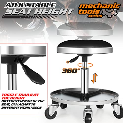 M-Auto Pneumatic Rolling Mechanic Stool With Wheels 250-Pound Capacity Creeper, 18" To 23" Adjustable Height Mobile Garage Shop Seat With Detachable Tool Tray Storage, Black #TOP5
