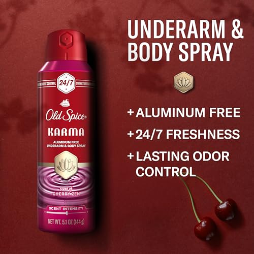 Image of Old Spice Aluminum Free Body Spray for Men, 24 /7 Signature Scent & Lasting Freshness, All-Day Odor Protection, Easy Application, Karma with Cherry Spice, Black Pepper, + Sandalwood Scent, 5.1 oz
