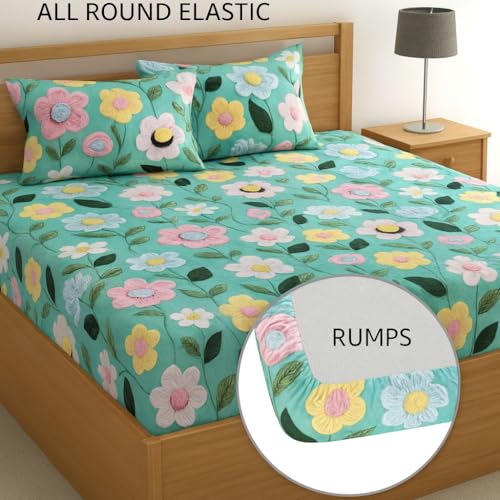 Image of RUMPS 380 TC Premium Heavy Cotton 7D Print Fast Colour Feel Elastic Fitted Floral Bedsheet King Size with 2 Pillow Covers || (Light Green, Fitted - 72 inchx78 inch King)