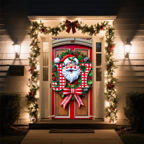 Image of JOY Sign Santa Face Red Gingham Christmas Door Cover 35x71in