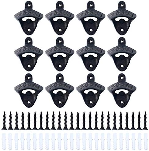 Homend 12pack Cast Iron Wall Mount Bottle Openers, Mounting Hardware Included, Vintage Rustic Bar(Wood Block is not Included)