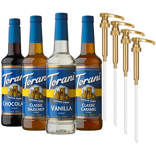 Torani Sugar Free Coffee Syrup, Vanilla, Classic Caramel, Classic Hazelnut, Chocolate Variety 4-Pack, Flavoring for Drinks, Pumps Included, 25.4 Fl Oz Ea