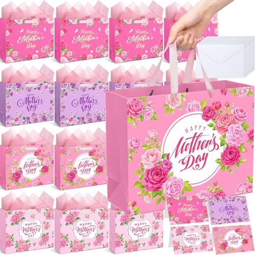 Saypacck 24 Set 13" Large Mothers Day Gift Bags with Card Envelope Tissue Paper Happy Mother's Day Floral Gift Bags with Handles for Woman Moms Grandmas Present Wrapping Supplies Party Favors