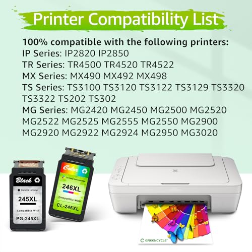 greencycle Re-Manufactured PG-245XL 245 XL CL-246XL CL-246 Ink Cartridge Compatible for Canon Pixma MX490 MX492 IP2820 MG2420 MG2520 MG2522 MG2525 MG3022 TS302 (Black, 2 Pack; Tri-Color, 1 Pack)