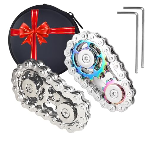 ?2PCS?Fidget Spinners Toys for Adults & Teens - Metal Fidget Toy Bike Chain Fidget Sprocket Chain Fidgets Toy for Relief Anxiety ADHD Autism Cool Gadgets Desk Offices Gift Sensory Toy?Silver+Rainbow?