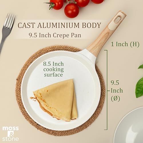 Moss & Stone 9.5-Inch Nonstick Crepe Pan with Spreader – Ceramic Dosa Tawa, Flat Skillet for Roti, Pancakes, Tortillas – Induction Compatible, Nonstick Pancake Pan for Stovetop Use, White by Moss & Stone - Used condition - Image 2