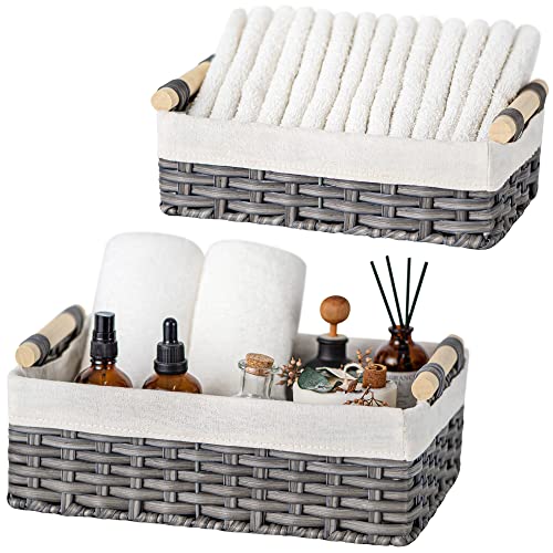 GRANNY SAYS Cestas de Mimbre, Juego de 2 Cestas de Almacenaje Decorativas para Estantes, Cestas para Papel Higiénico, Cestas de Almacenaje Tejidas Grises con Asas de Madera