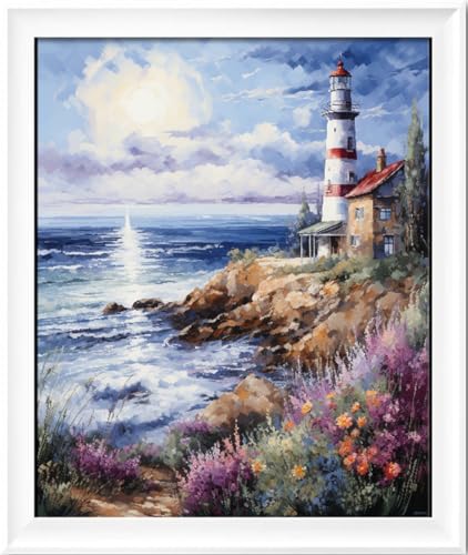 Image of Leczany Cross Stitch Stamped Kit for Adults - Seaside Lighthouse | DIY Embroidery Starter Patterns Craft Kit Needlepoint for Beginner | 11CT, 3 Strands | 13.8x16.9 inches