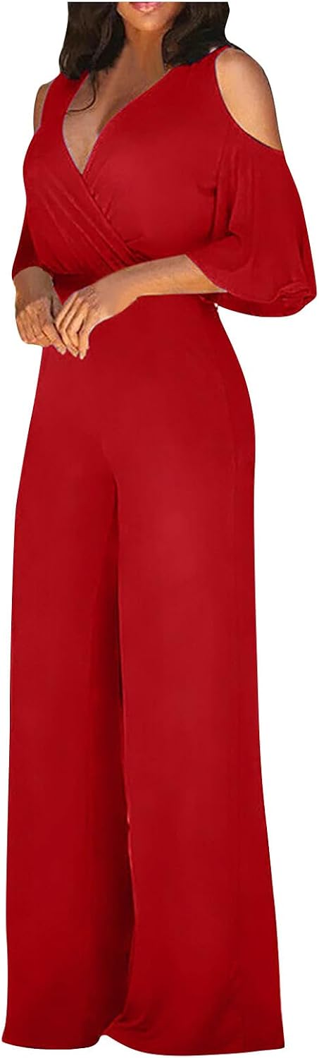 Women Jumpsuit Fashion Jumpsuit for Women V-Neck Cold Shoulder Sleeve Casual Wide Leg Long Pant Overalls Solid Romper