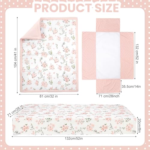 Image of Hahafelt 3 Pcs Pink Floral Baby Crib Bedding Set for Girls, Flower Baby Crib Sets for Newborn, Infant Toddler Nursery Bed Set Decor with Fitted Sheet, Dust Ruffle, Comforter