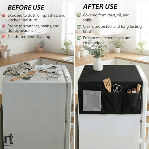 Image of NABAAT Fridge Cover Top for Single Door Refrigerator Kitchen Decor Durable Dustproof Waterproof Modern Design with 6 Side Pockets for Kitchen Accessories - 46.5 inch x 20.5 inch (Black)