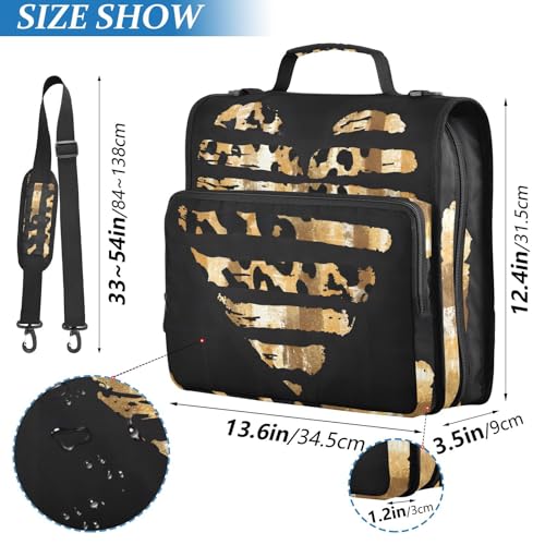 Image of 3 Ring Zipper Binder with Shoulder Strap Leopard Skin Golden Heart 1.5 inch Binders Keeper Large Capacity Multi Pockets for School Office Supplies