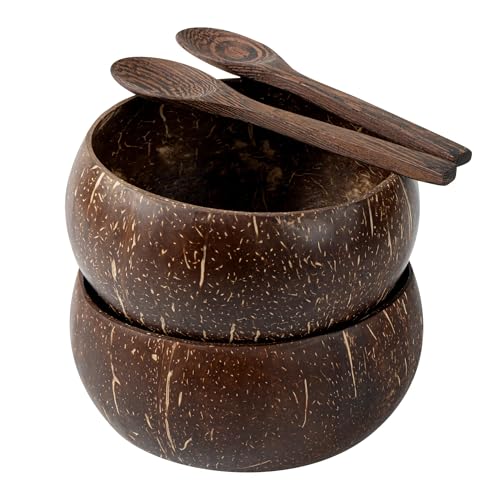frymmx Natural Coconut Bowls & Spoons Set of 2 - Hand-Polished with Organic Oil Eco-Friendly Smoothie Bowls for Acai/Poke/Salads Durable Coconut Shell Crafted Kitchenware with Lightweight Design