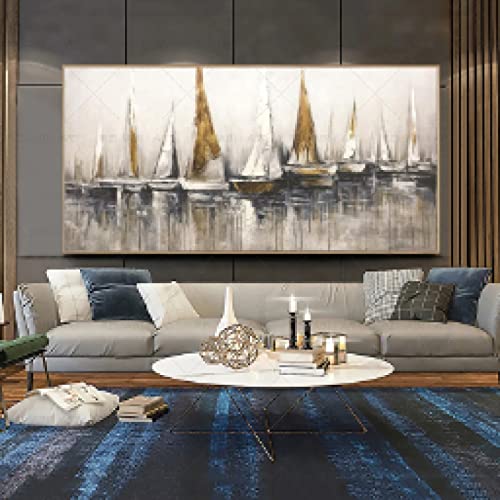 Voilier doré toile mur art grand format 80x160cm sans cadre pour salon