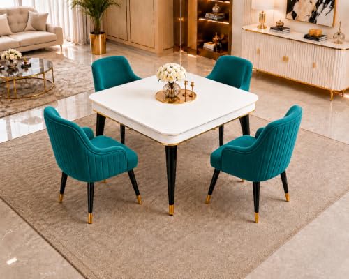 Image of WOODEN SPACE 4 Seater Wooden Dining Table Set | Urban Marble Top Dining Table with Chairs for Dining Room & Kitchen (Modern Zyro Sea Blue) (42 x 42 x 30 inch)