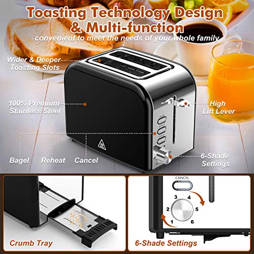 Toasters 2 Slice Best Rated Prime Wide Slot 2 Slice Toaster 1.5in with Bagel/Reheat/Cancel Function Stainless Steel Cool Touch Black Toaster for Bread with Removable Crumb Tray (Black)