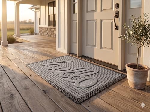 Image of Heavy Duty Front Door Mat 2x3 Feet Non Slip Entrance Rug for Indoor & Outdoor Use Dirt Trapper Welcome Mat for Entryway, Patio, Porch & Hallway Washable Low Profile Floor Mat, Grey Hello