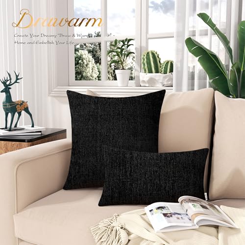 Image of BRAWARM Pack of 2 Throw Pillow Covers Cases for Couch Sofa Home Decoration Solid Dyed Striped Soft Chenille 20 X 20 Inches Black