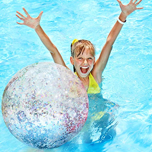 Hsei 3 Pieces Inflatable Beach Ball Glitter Beach Ball Floatable Confetti Ball for Summer Beach, Pool and Party Favor (Silver)