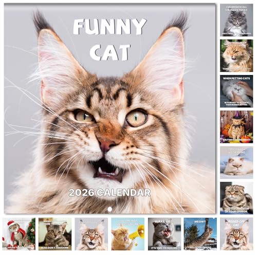 2026 Wall Calendar - Funny Cat Calendar 2026, 12" x 24" (Open), Jan. 2026 - Dec. 2026, Cat Calendar 2026, Glossy Thick Paper, Hanging Hole for Home & Office