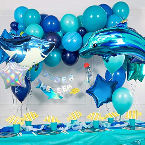 60PCS Ocean Balloons Arch Birthday Party Decorations with Stars Shark Dolphin Foil Balloons for Under the Sea Decorations Baby Shower Party Supplies