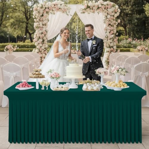 Image of Smiry 2 Pack Spandex Elastic Fitted Table Cloth Skirt for 6FT Table | Stretch Washable Table Cloth, Banquet Table Cover for Wedding, Party, Indoor & Trade Shows, (Blackish Green, 72Lx30Wx30H)