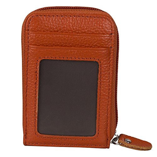 Image of Credit Card Case Organizer Genuine Leather Zip-Around Security Wallet Brown
