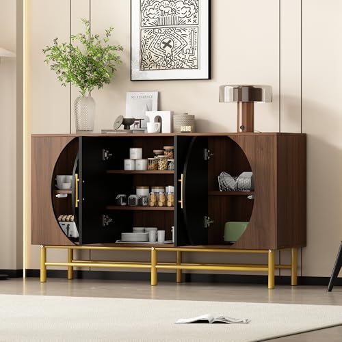 GuannCraft Sideboard mit 4 Türen und geriffeltem Griff – platzsparendes Buffet aus Holz mit gerippten Türen, Esszimmerschrank (Nussbaum)