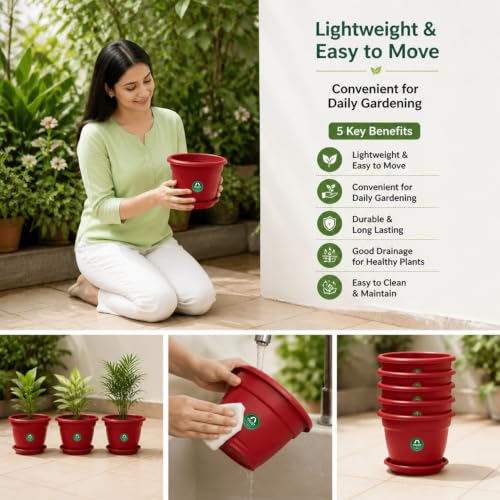 Image of TrustBasket Terracotta pots with Bottom Plates - 3 Pcs (6 inch) | Gamla for Plants with Saucer | Pots and planters with Tray | Garden pots & Bottom Plates