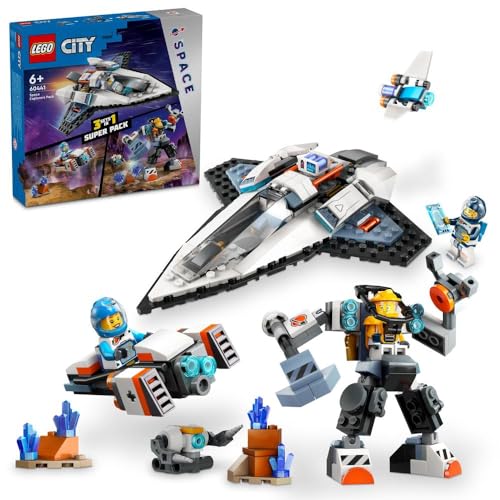 مجموعة لعب حزمة مستكشفي الفضاء من LEGO® City للصبيان والبنات بعمر 6 سنوات أو أكثر، 3 مجموعات بناء في علبة واحدة، لعبة آلي وسفينة فضاء كوكبية وحوامة و3 شخصيات صغيرة 60441