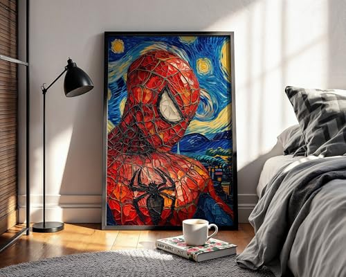 Image of Waltractive Engineered Wood Spiderman X Starry Night Wall Art Framed Poster Portrait - Perfect Wall Decor For Fans For Bedroom, Kids Room - Available In 33X23 & 48X33 CM (13X9 & 19X13 Inch)