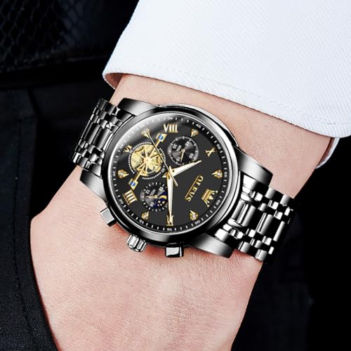 Image of OLEVS Watch for Man Analog Quartz Skeleton Chronograph Diamond Watches Stainless Steel Moon Phase Calendar Waterproof Dress Watches