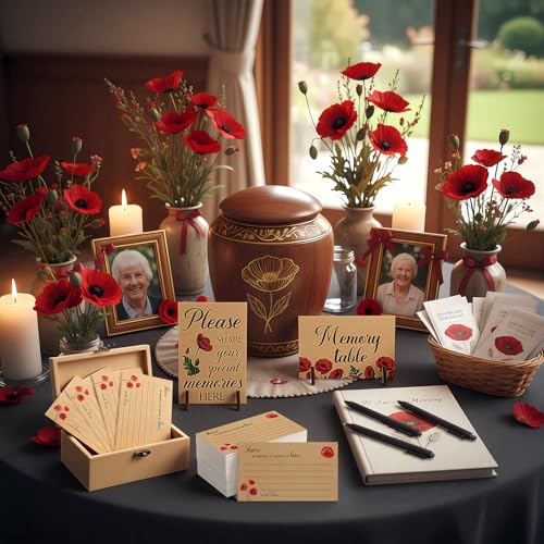 Image of Gilprop 112 Pcs Celebration of Life Memory Cards Set Share a Memory Cards with Box 2 Wood Sign with 4 Hold and 5 Pens, Sympathy Memorial Gifts Funeral Keepsake Decorations (Poppy)