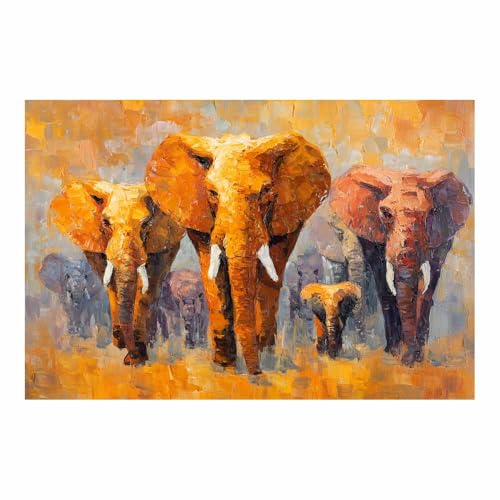 Toile Éléphants d'Or œuvre d'art symbolique pour célébrer l'harmonie de la famille