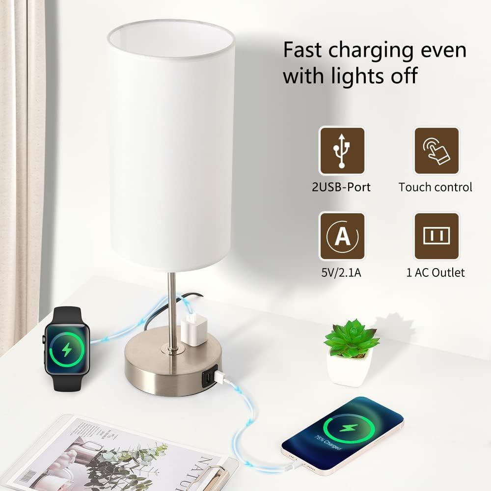 Becomrock Bedside Table Lamp for Bedroom - 3 Way Touch Dimming Table Lamp, Nightstand Lamp with 2 USB Port, 1 Outlet and White Shade, Suitable for Living Room, Bedroom (Bulb Included)