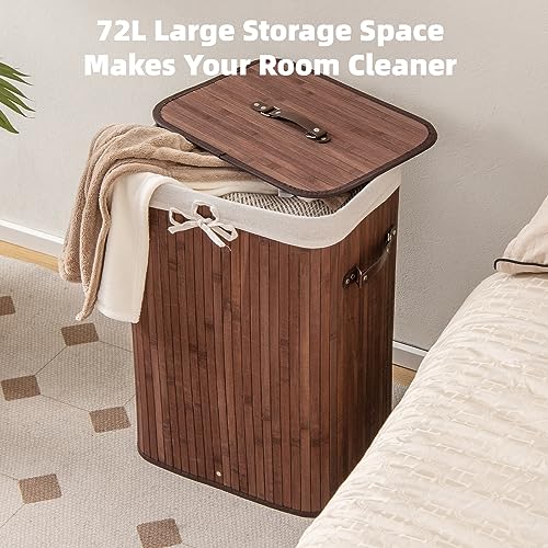 Multigot Bamboo Laundry Basket, 72L Clothes Storage Hamper with Removable Liner Bag & Lid, Portable Washing Room Basket for Laundry Room Bedroom (Coffee) - Image 2