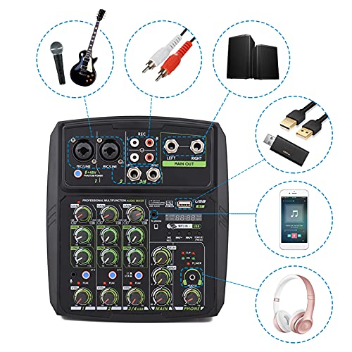 Mengpaneel 4-kanaals audiomixer mengconsole led-scherm ingebouwde geluidskaart USB-BT-verbinding met 2-bands EQ Gain… - Image 4