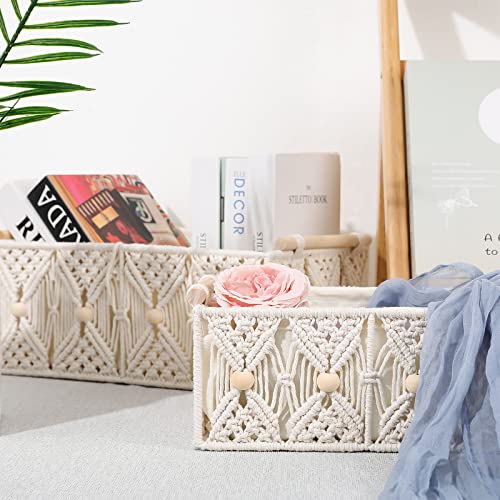 Lamorée Large Macrame Storage Baskets 3 Pcs Cotton Rope Hand Woven Bin Set With Natural Wooden Handles Boho Beads Decorative Wicker Boxes For Tabletop Shelves Home Office Nursery Organizer Container #TOP6