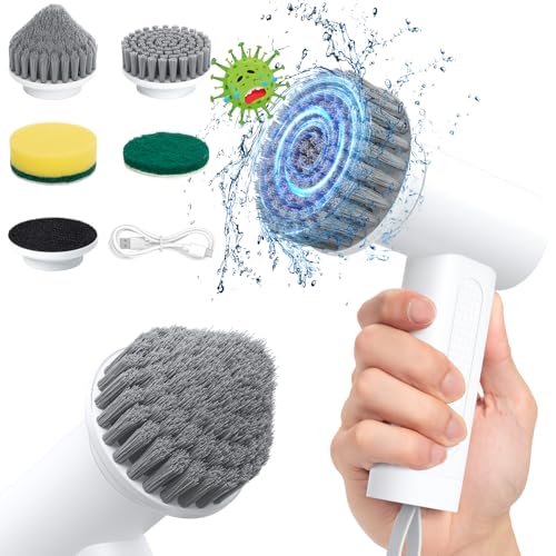 Electric Spin Scrubber, 2000 mAh Cordless Power Scrubber with 4 Replaceable Heads, 2 Speeds Portable Handheld Spin Scrubber for Cleaning Tub/Sink/Stove/Corner/Tile/Grout/Bowl(White)