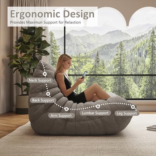 Image of Bean Bag Chairs for Adults, Memory Foam Reading Bean Bag Sofa Chair with Faux Fur Filler, Fireside Floor Gaming Chairs for Living Room, Bedroom and Office (Gray, Loveseat)