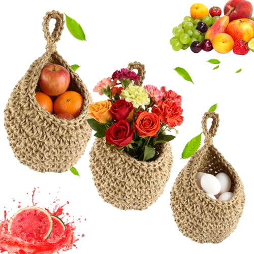 3Pcs Hanging Fruit Basket, Woven Hanging Wall Basket for Kitchen With 3 Hooks, Teardrop Hanging Vegetable Storage Baskets for Pantry Hallway Corner Bathroom (Hemp Rope)