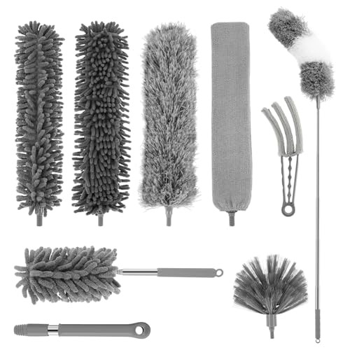 TNTGMG Plumero de Chenille, 10 plumero reutilizable con mango largo, extensible hasta 16-85 pulgadas, kit de limpieza de pluma gris para techos, lámparas y muebles