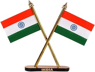 Jtku Handicraft Indian Flag Hindustan Tiranga for Car Dashboard Table Home Decoration Decor Cross Design Stand - Double Sided Cross Flag Stand