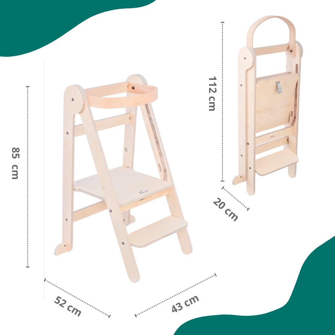 Mamatoyz 08FNAT Torre Montessoriana di Apprendimento Pieghevole Multiuso in Legno Naturale di Betulla con 2 Altezze Regolabili