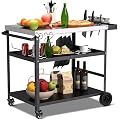 Spurgehom Outdoor Grill Cart, Pizza Oven Stand Table with Wheels Dining Cart for Outside Patio, Movable Kitchen Cooking Prep Table BBQ Cart with Mesh Racks for Home Party, Bar, Camping