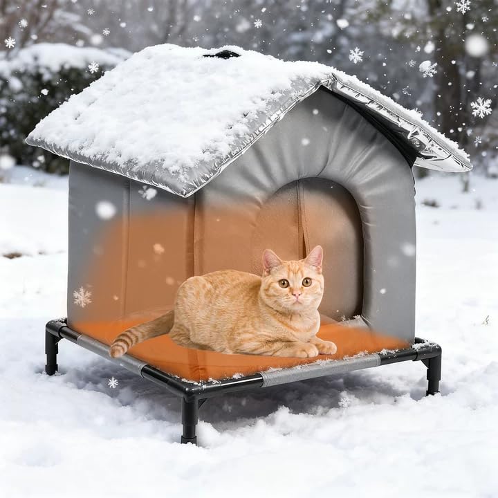 TECKZOON Casetta per gatti invernale per esterni, riscaldata, impermeabile, per gatti randagi, casetta isolata con fondo rialzato e cuscino per gatti selvatici