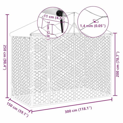 Robuster Outdoor Hundezwinger mit Dach, verzinktem Stahl, 3x1,5x2,5m für Hunde, Kaninchen, Geflügel, sicheres Außengehege