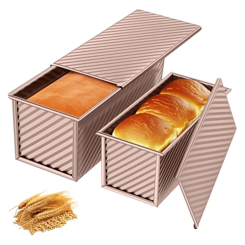Wixovo Molde Pan de Molde con Tapa, Juego de 2 Moldes para Pan Antiadherente, Molde Rectangular para Hornear Tostadas y Pasteles con Tapa Deslizante y Orificios de Ventilación (Oro Rosa)