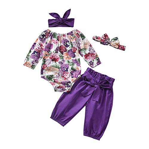Image of Catpapa Honykids Newborn Baby Girl Romper Jumpsuit Bodysuit +Pants Shorts+Headband Outfit Set, Long Sleeve-purple, 0-6 Months